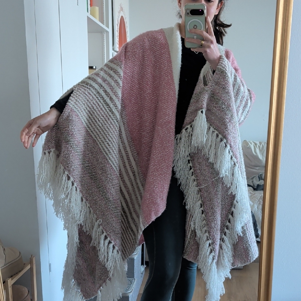 Anthropologie Pink and Cream Fringe Poncho